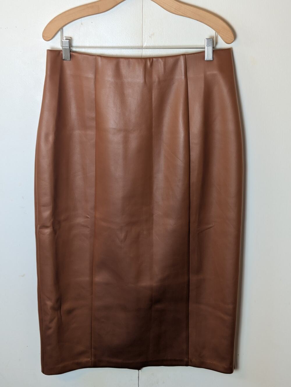 Ashley Stewart Faux Leather Brown Midi Skirt Size 14